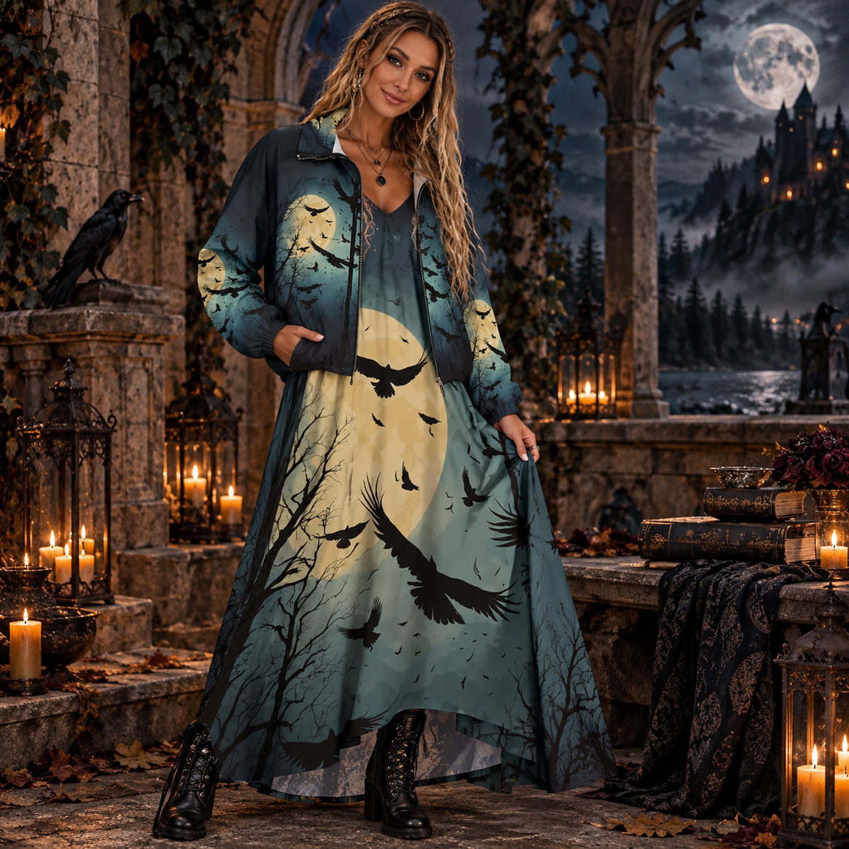 Moonlit Raven Women’s Zip Jacket – Gothic Crow & Full Moon French Terry Bomber