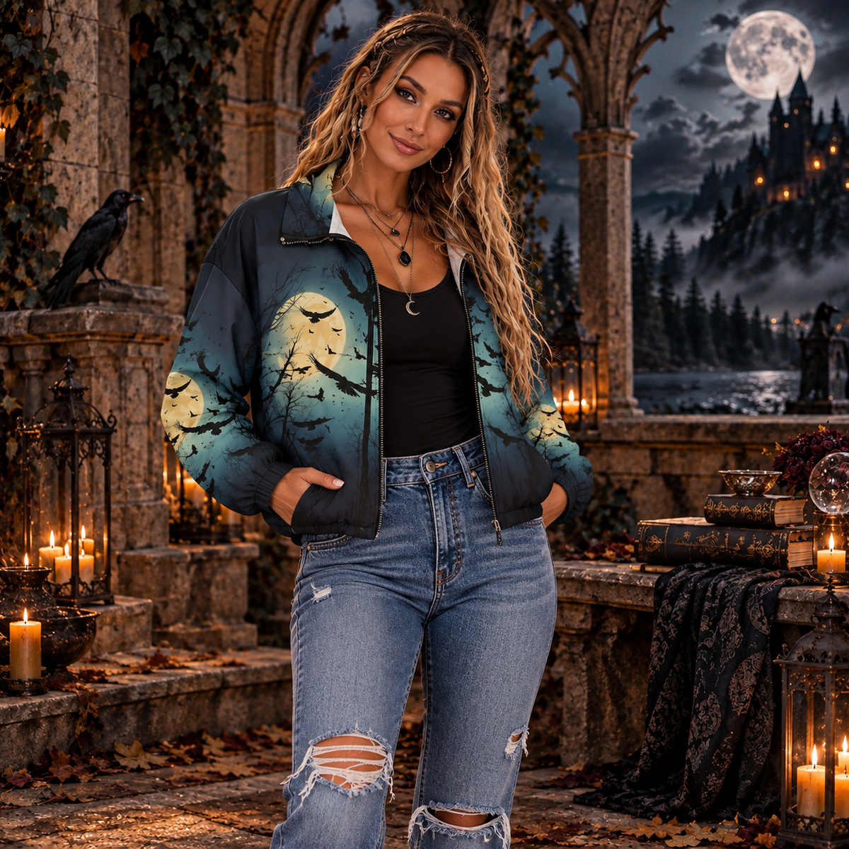 Moonlit Raven Women’s Zip Jacket – Gothic Crow & Full Moon French Terry Bomber