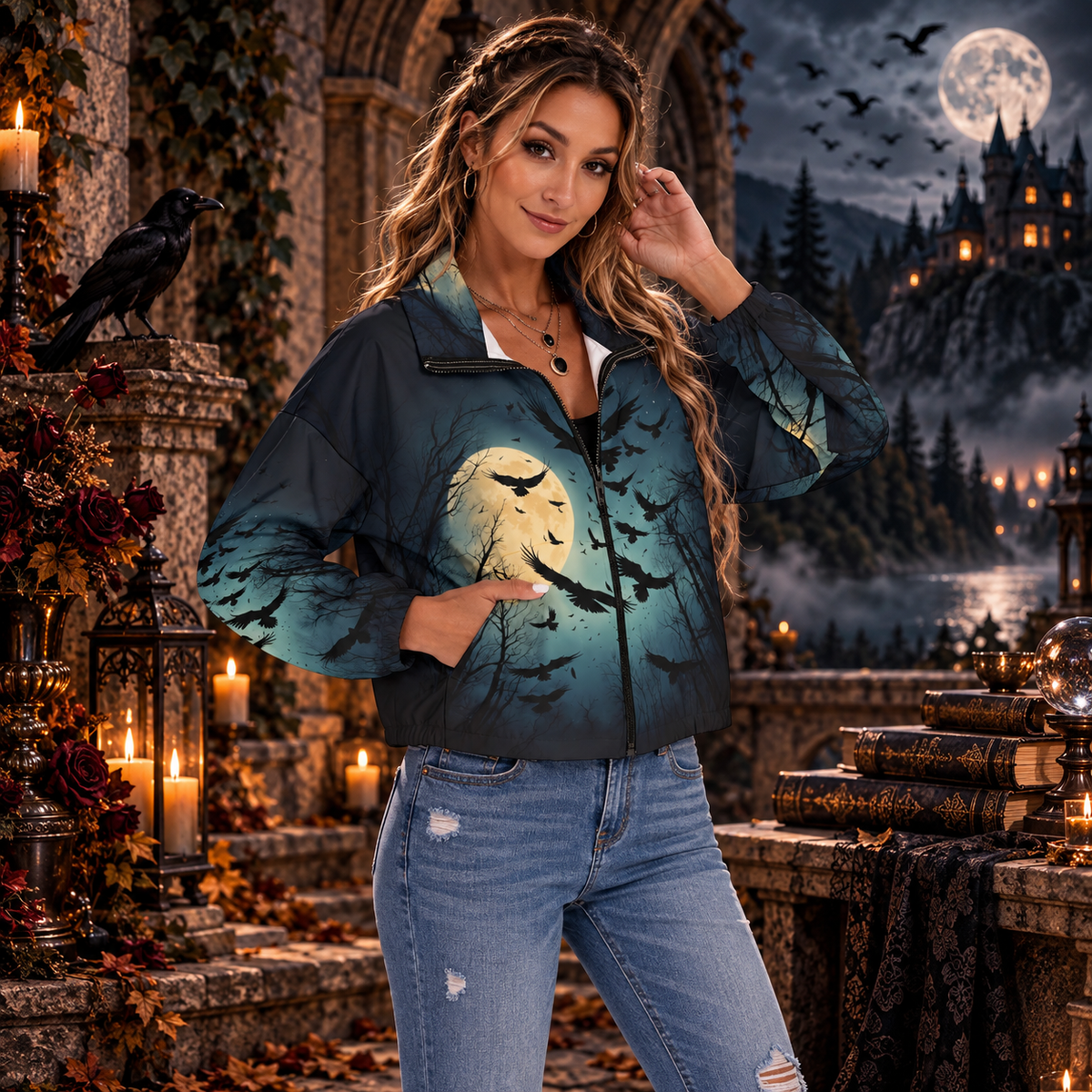 Moonlit Raven Women’s Zip Jacket – Gothic Crow & Full Moon French Terry Bomber