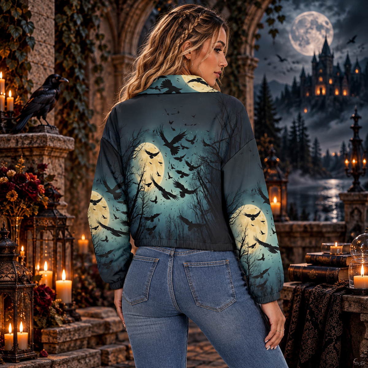 Moonlit Raven Women’s Zip Jacket – Gothic Crow & Full Moon French Terry Bomber