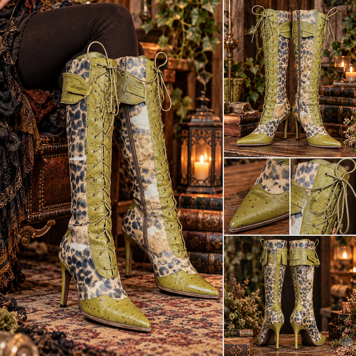 Leopard Patchwork Lace-Up Knee-High Boots – Pointed Toe & 2-Inch Thin Heel