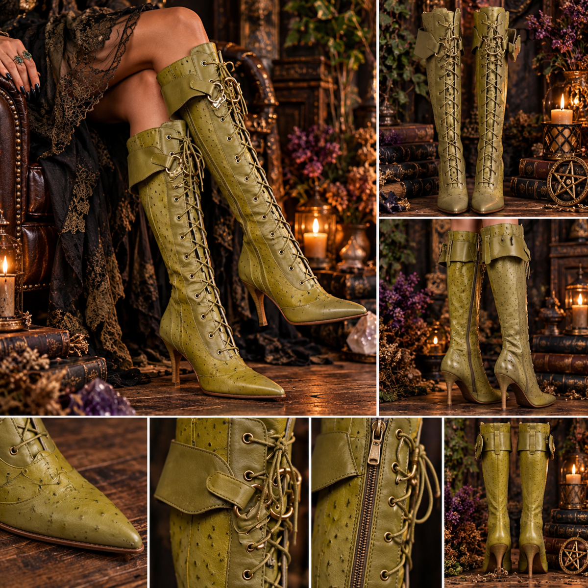 Leopard Patchwork Lace-Up Knee-High Boots – Pointed Toe & 2-Inch Thin Heel