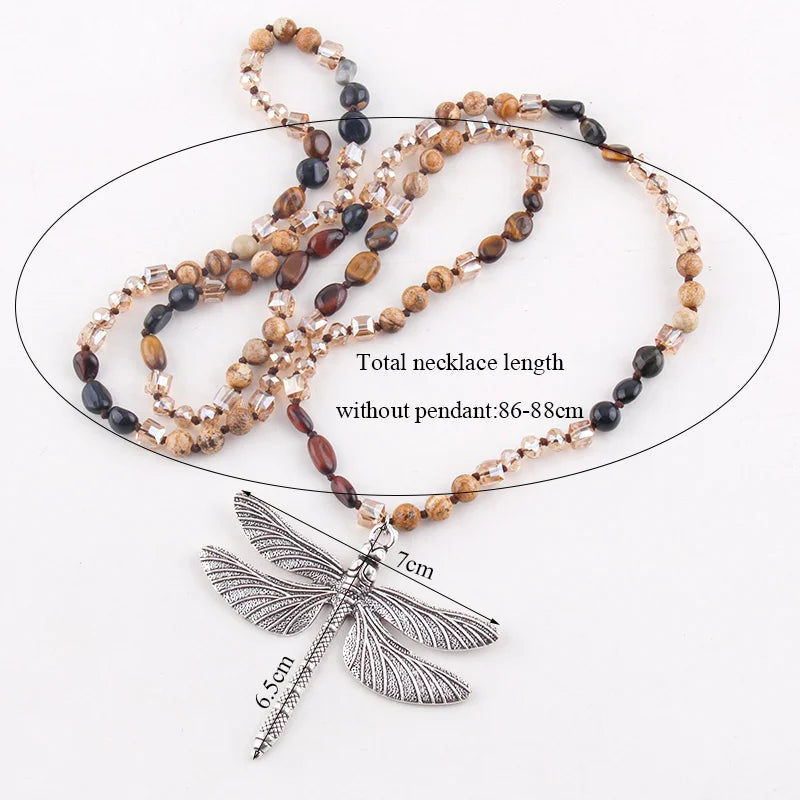 Fashion Bohemian Jewelry Accessory 6mm Stones/Crystal Knotted With Silv Metal Retro Dragonfly Pendant Necklaces Women Boho Gift