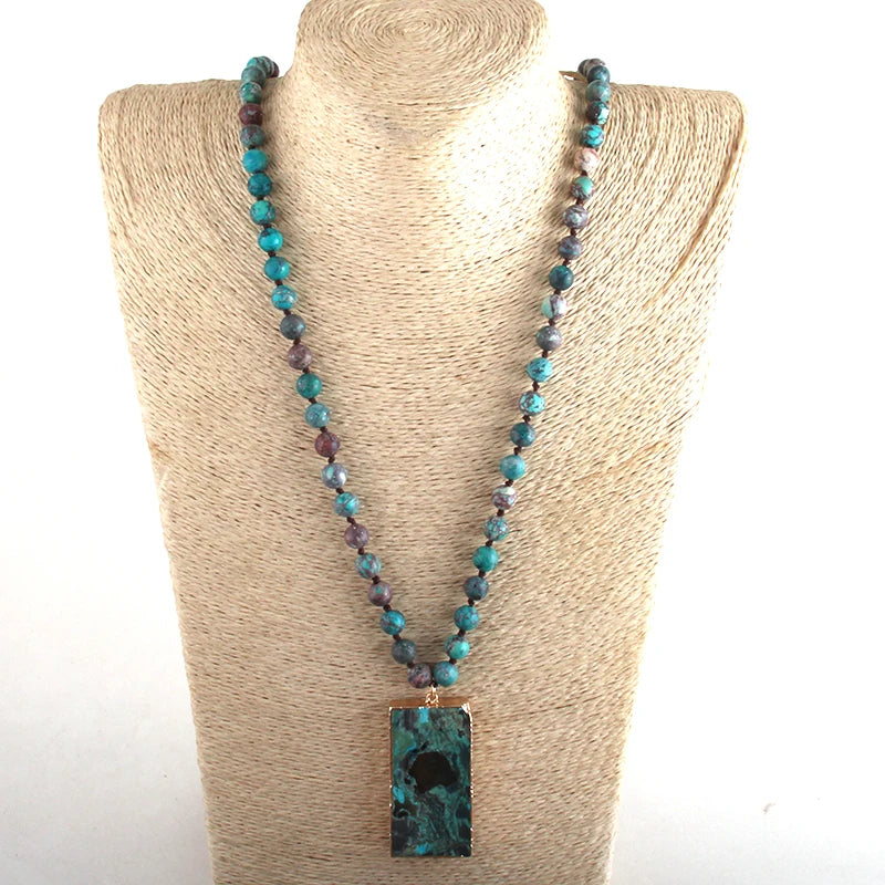 Boho Natural Stone Long Knotted Rectangle Pendant Necklace