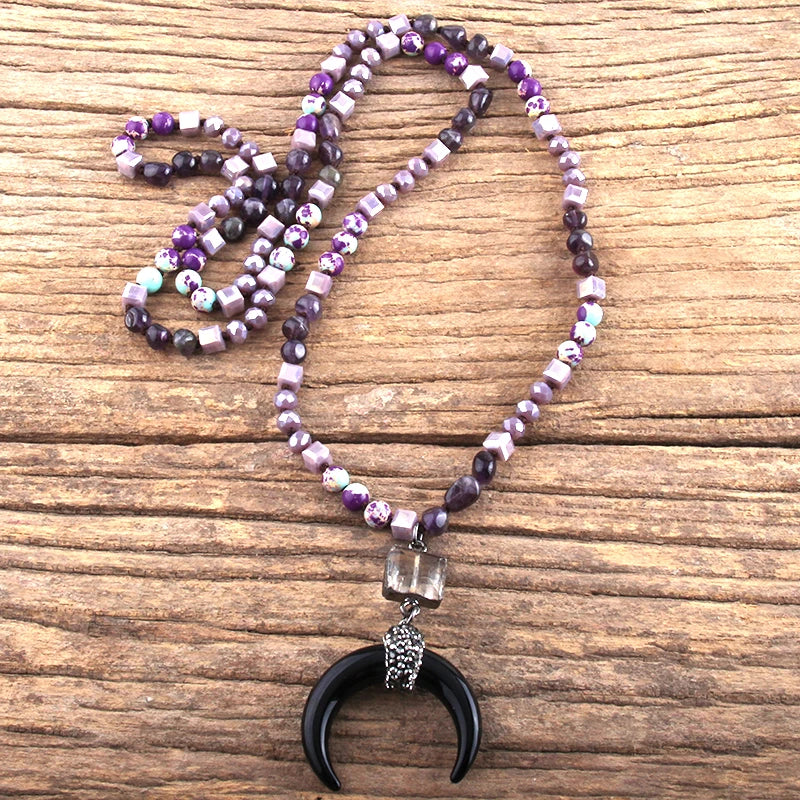 Fashion Bohemian Jewelry Natural Stones Crystal Glass Knotted Ox Horn Moon Pendant Necklace Women Boho Necklaces  Girls