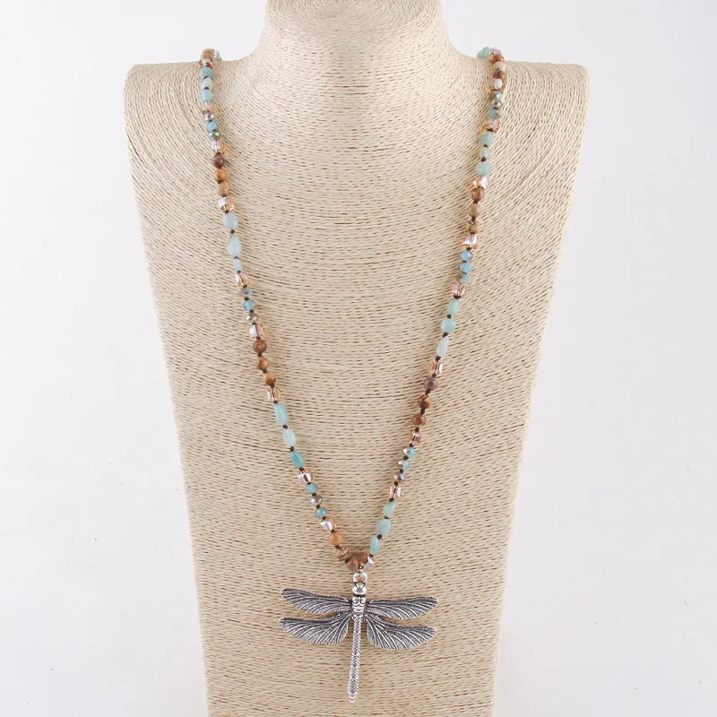 Fashion Bohemian Jewelry Accessory 6mm Stones/Crystal Knotted With Silv Metal Retro Dragonfly Pendant Necklaces Women Boho Gift