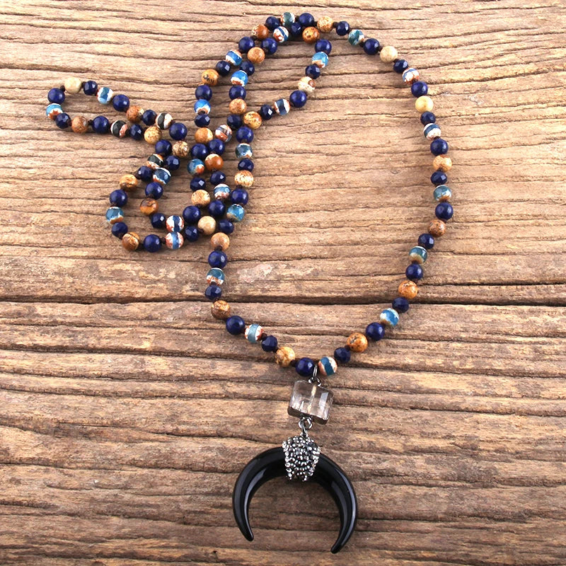Fashion Bohemian Jewelry Natural Stones Crystal Glass Knotted Ox Horn Moon Pendant Necklace Women Boho Necklaces  Girls