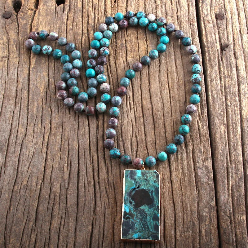 Boho Natural Stone Long Knotted Rectangle Pendant Necklace