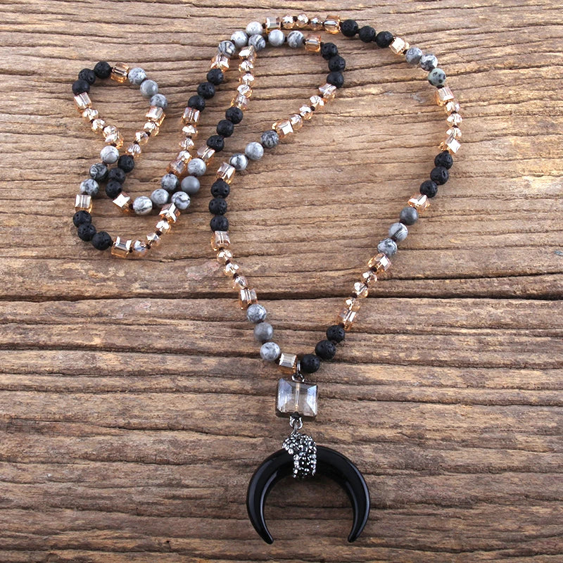 Fashion Bohemian Jewelry Natural Stones Crystal Glass Knotted Ox Horn Moon Pendant Necklace Women Boho Necklaces  Girls