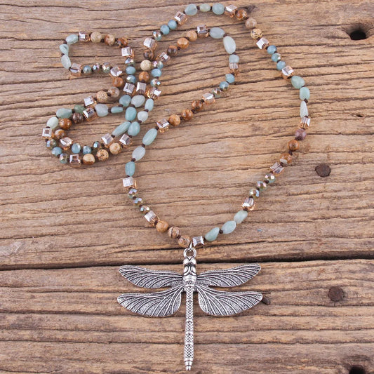 Fashion Bohemian Jewelry Accessory 6mm Stones/Crystal Knotted With Silv Metal Retro Dragonfly Pendant Necklaces Women Boho Gift