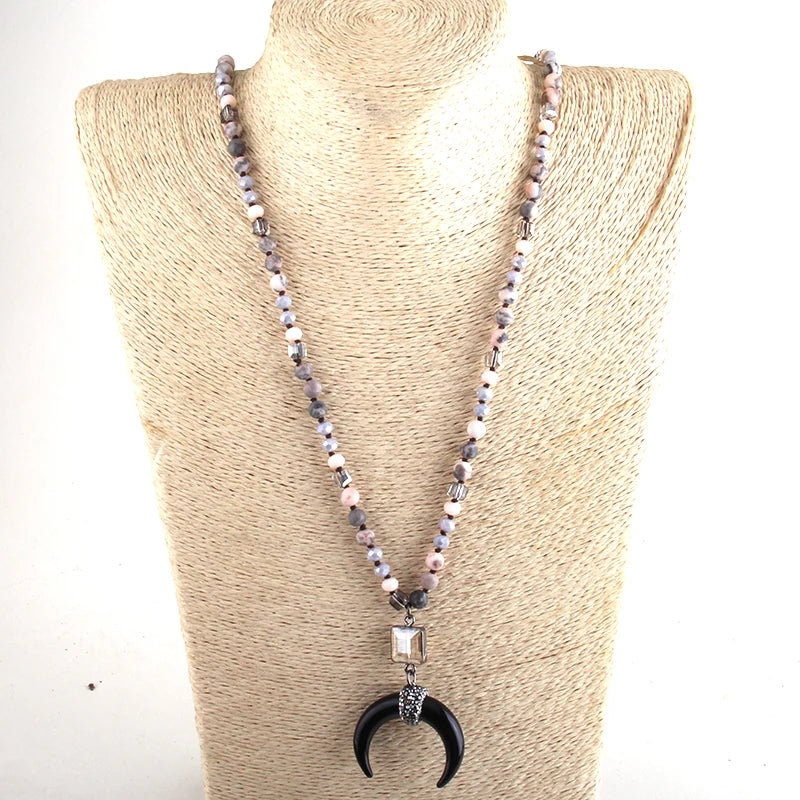 Fashion Bohemian Jewelry Natural Stones Crystal Glass Knotted Ox Horn Moon Pendant Necklace Women Boho Necklaces  Girls