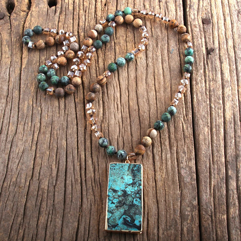 Boho Natural Stone Long Knotted Rectangle Pendant Necklace