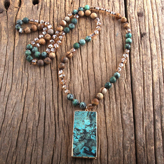 Boho Natural Stone Long Knotted Rectangle Pendant Necklace