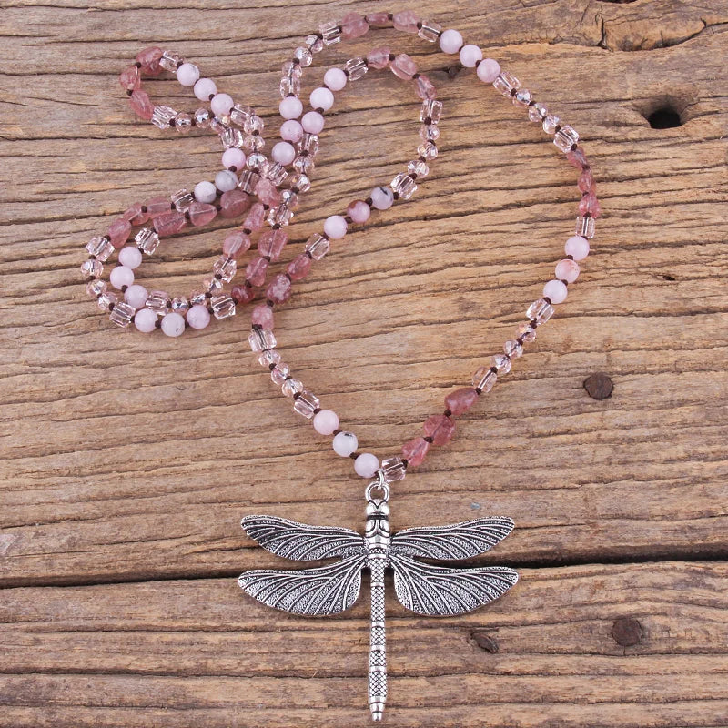 Fashion Bohemian Jewelry Accessory 6mm Stones/Crystal Knotted With Silv Metal Retro Dragonfly Pendant Necklaces Women Boho Gift