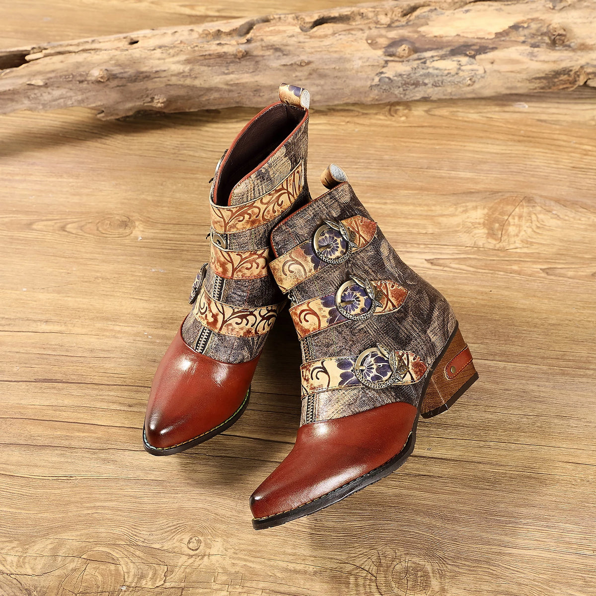 Johnature Embossed Strap Ankle Boots, Genuine Leather Patchwork Front Zip Pointed Toe