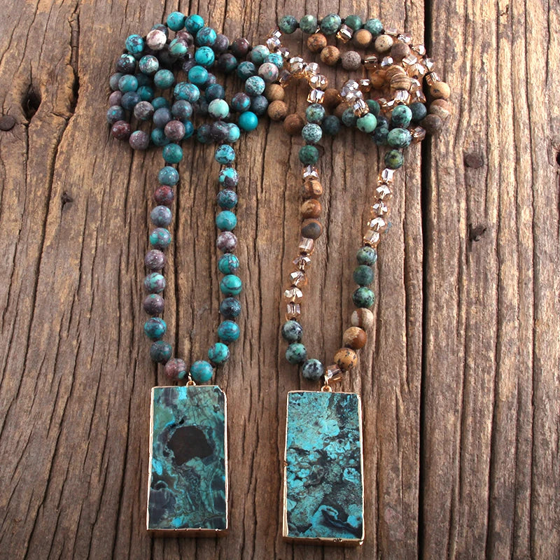Boho Natural Stone Long Knotted Rectangle Pendant Necklace