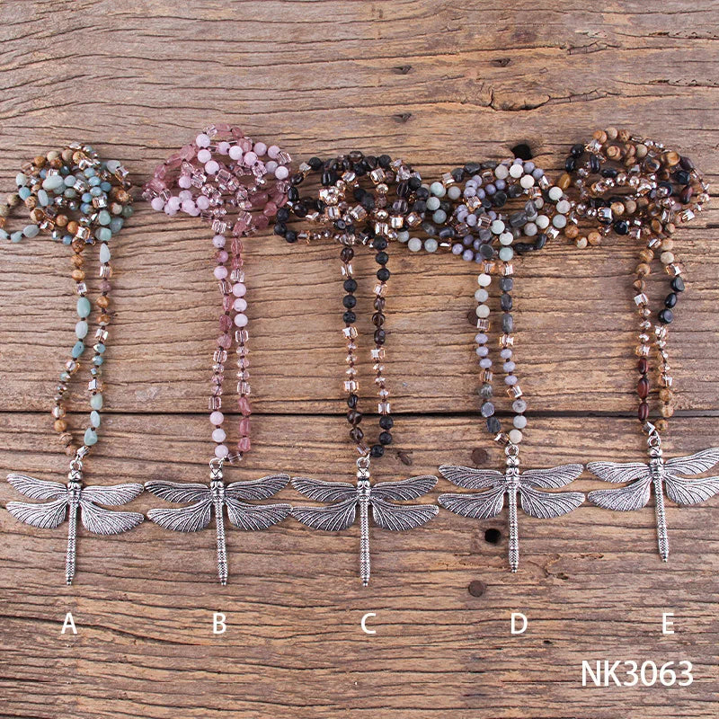 Fashion Bohemian Jewelry Accessory 6mm Stones/Crystal Knotted With Silv Metal Retro Dragonfly Pendant Necklaces Women Boho Gift