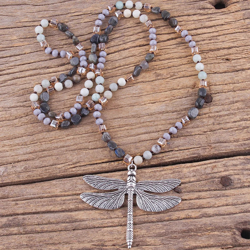 Fashion Bohemian Jewelry Accessory 6mm Stones/Crystal Knotted With Silv Metal Retro Dragonfly Pendant Necklaces Women Boho Gift