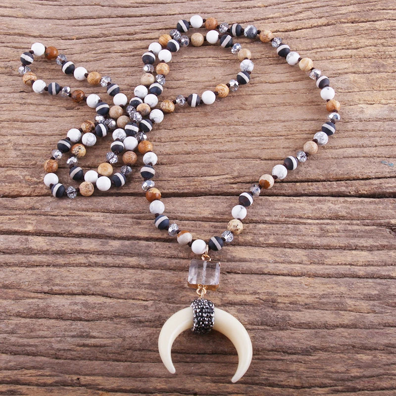 Fashion Bohemian Jewelry Natural Stones Crystal Glass Knotted Ox Horn Moon Pendant Necklace Women Boho Necklaces  Girls