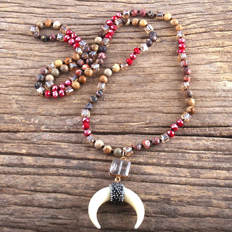 Fashion Bohemian Jewelry Natural Stones Crystal Glass Knotted Ox Horn Moon Pendant Necklace Women Boho Necklaces  Girls