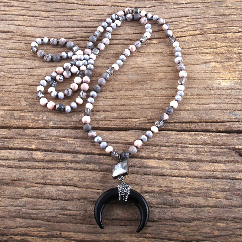 Fashion Bohemian Jewelry Natural Stones Crystal Glass Knotted Ox Horn Moon Pendant Necklace Women Boho Necklaces  Girls