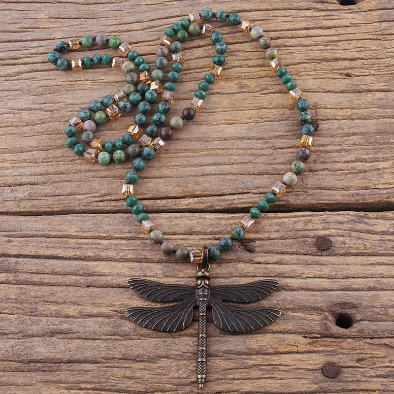 RH Fashion Bohemian Jewelry Accessory 6mm Stones/Crystal Knotted With Metal Retro Dragonfly Pendant Necklaces Women Boho Gift