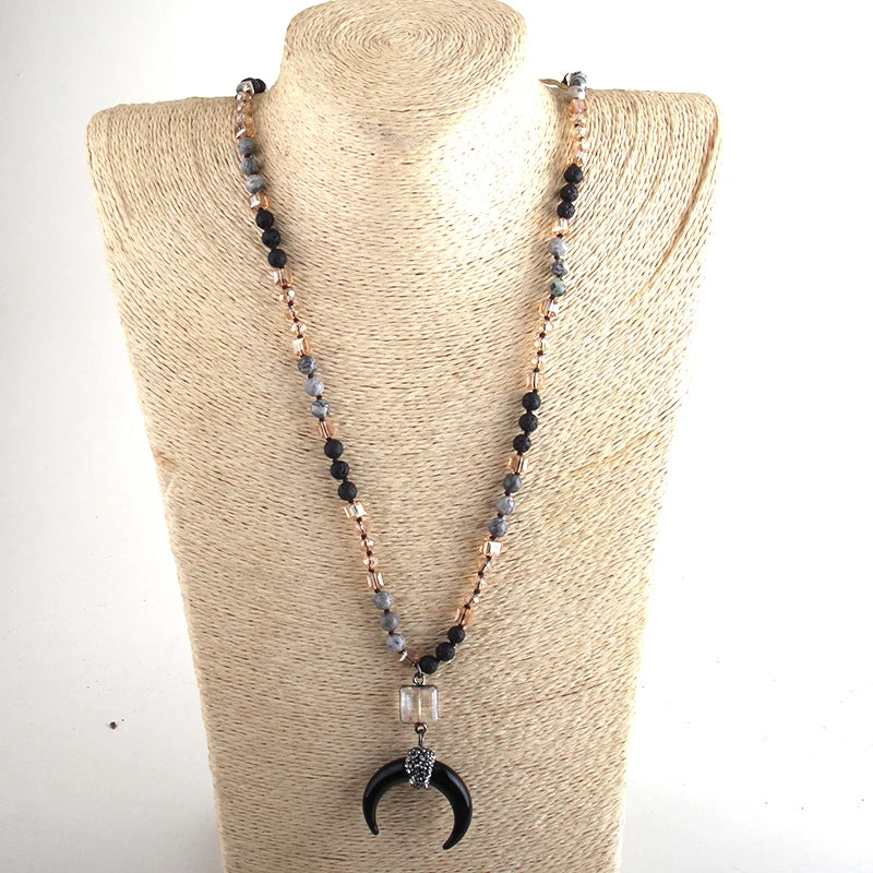 Fashion Bohemian Jewelry Natural Stones Crystal Glass Knotted Ox Horn Moon Pendant Necklace Women Boho Necklaces  Girls