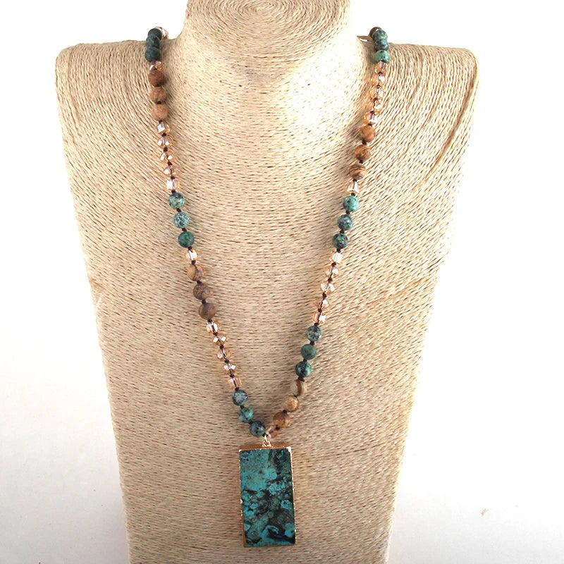 Boho Natural Stone Long Knotted Rectangle Pendant Necklace
