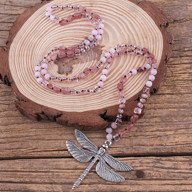 Fashion Bohemian Jewelry Accessory 6mm Stones/Crystal Knotted With Silv Metal Retro Dragonfly Pendant Necklaces Women Boho Gift