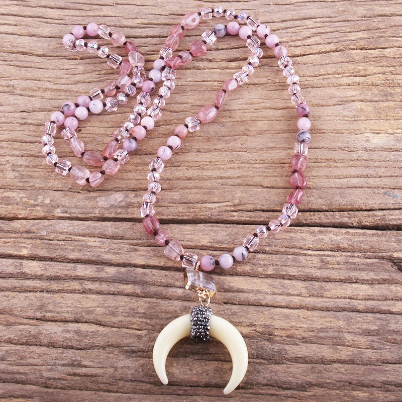 Fashion Bohemian Jewelry Natural Stones Crystal Glass Knotted Ox Horn Moon Pendant Necklace Women Boho Necklaces  Girls