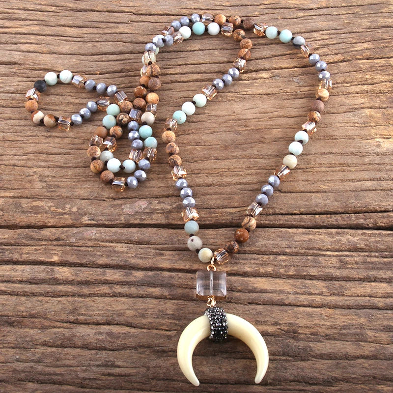 Fashion Bohemian Jewelry Natural Stones Crystal Glass Knotted Ox Horn Moon Pendant Necklace Women Boho Necklaces  Girls