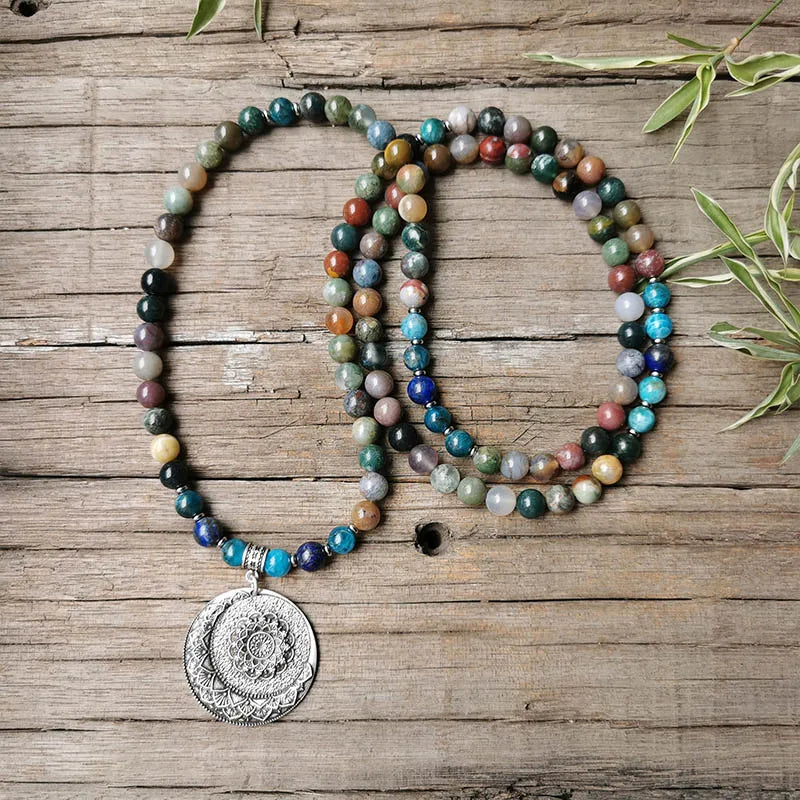 Indian Onyx Beads Apatite Mala Necklace, Charming Lotus Pendant