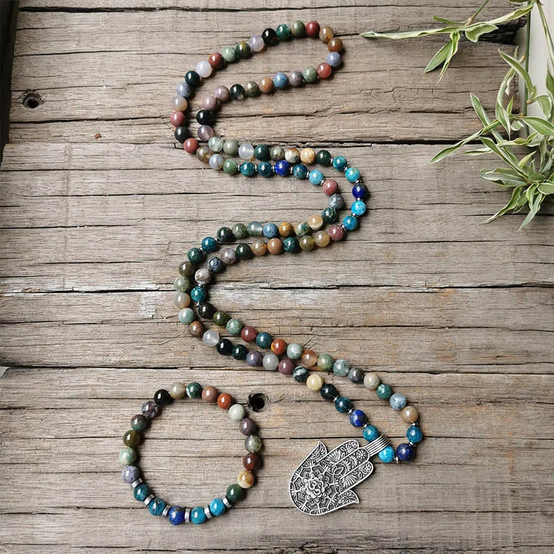 Indian Onyx Beads Apatite Mala Necklace, Charming Lotus Pendant