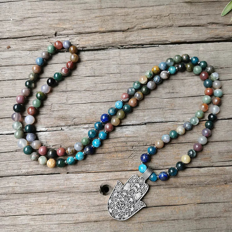 Indian Onyx Beads Apatite Mala Necklace, Charming Lotus Pendant