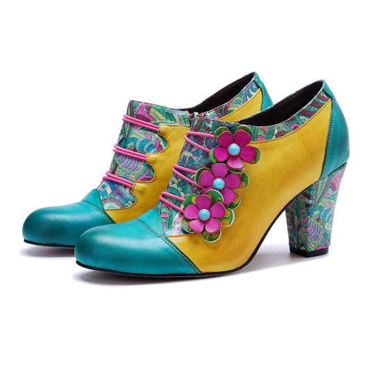 Johnature 2025 Autumn/Winter New Retro Printed High Heels Genuine Leather Pumps