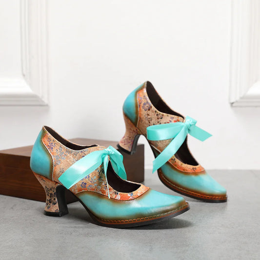 Johnature Turquoise Retro Pumps, Genuine Leather Pointed Toe Handmade Ladies Lace Up Shoes