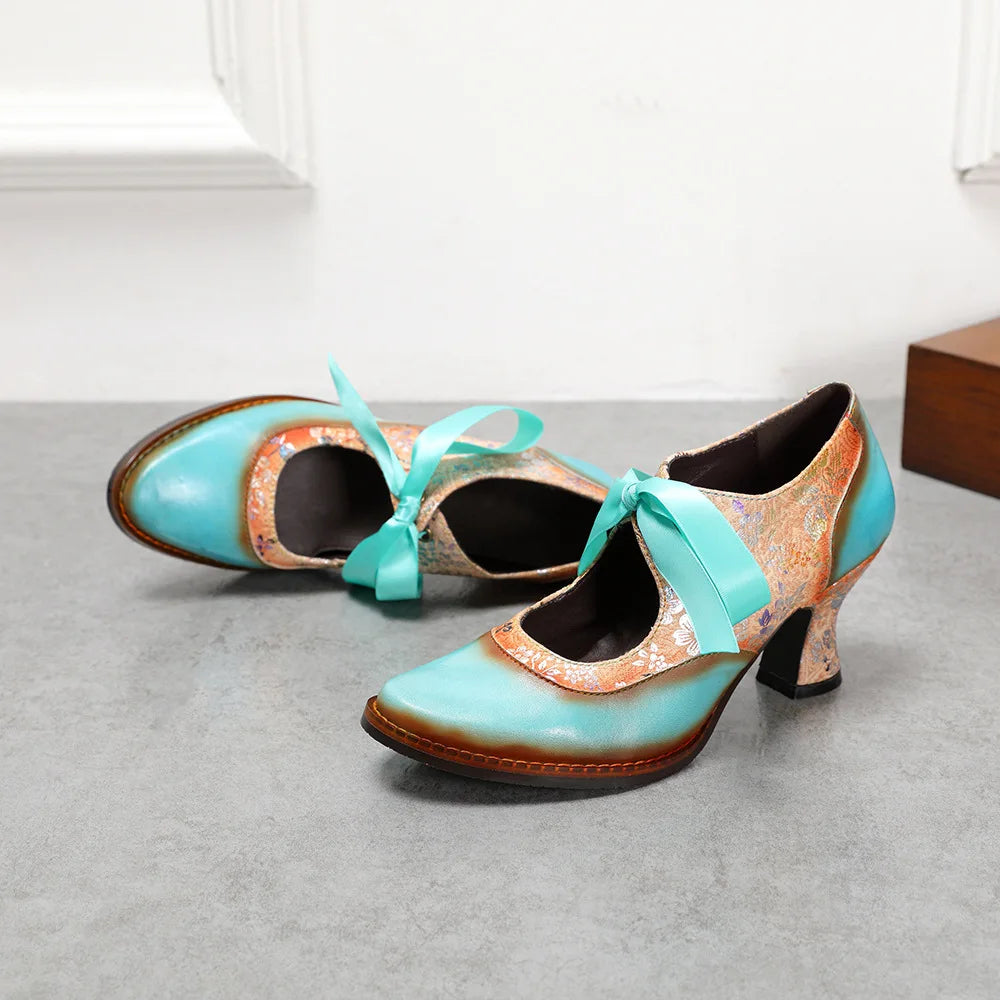 Johnature Turquoise Retro Pumps, Genuine Leather Pointed Toe Handmade Ladies Lace Up Shoes