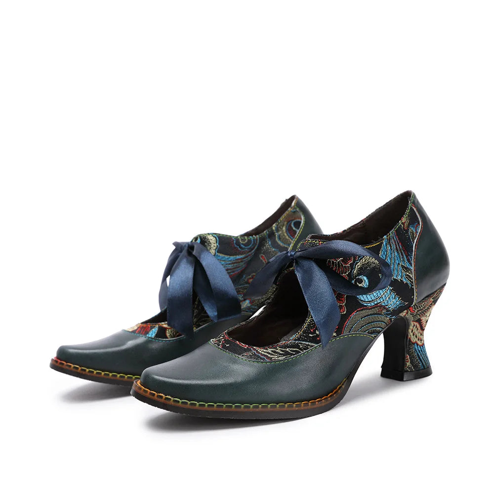 Johnature Turquoise Retro Pumps, Genuine Leather Pointed Toe Handmade Ladies Lace Up Shoes