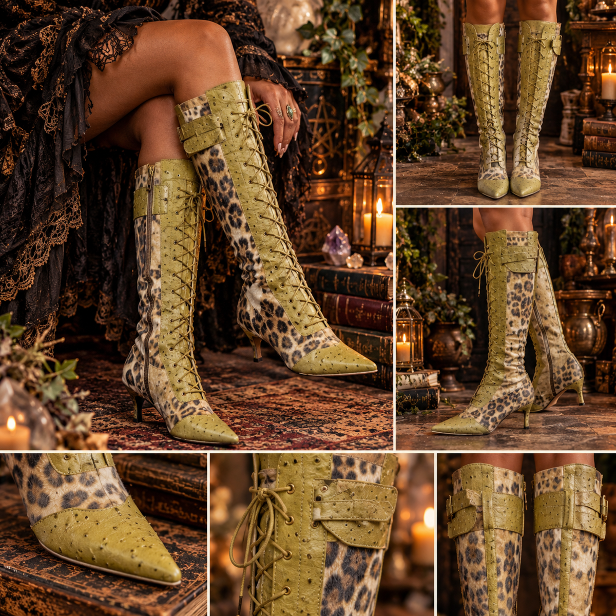 Leopard Patchwork Lace-Up Knee-High Boots – Pointed Toe & 2-Inch Thin Heel