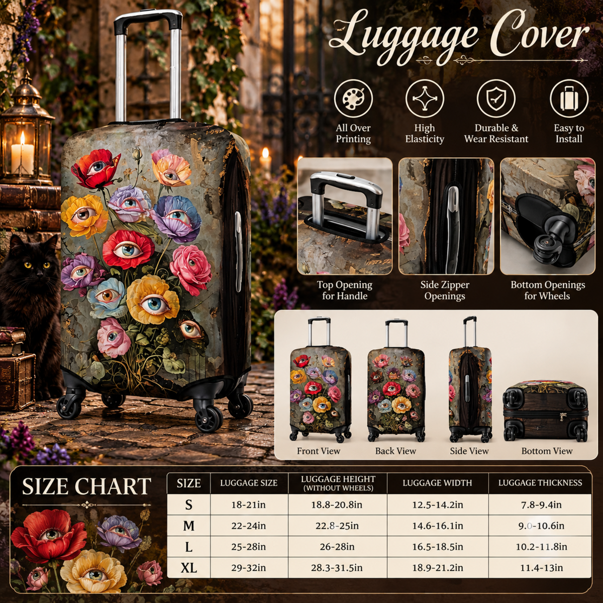 Flower Eyes Luggage Cover: Surreal Vintage Floral Suitcase Wrap