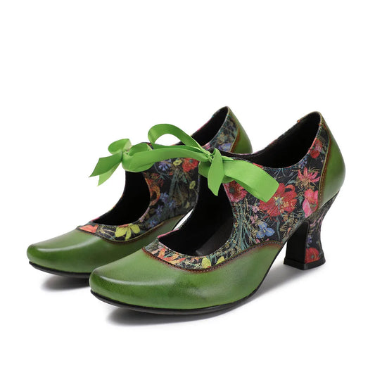 New Ethnic Green Printed High Heels, Genuine Leather Pointed Toe Lace Tie Women's Pumps