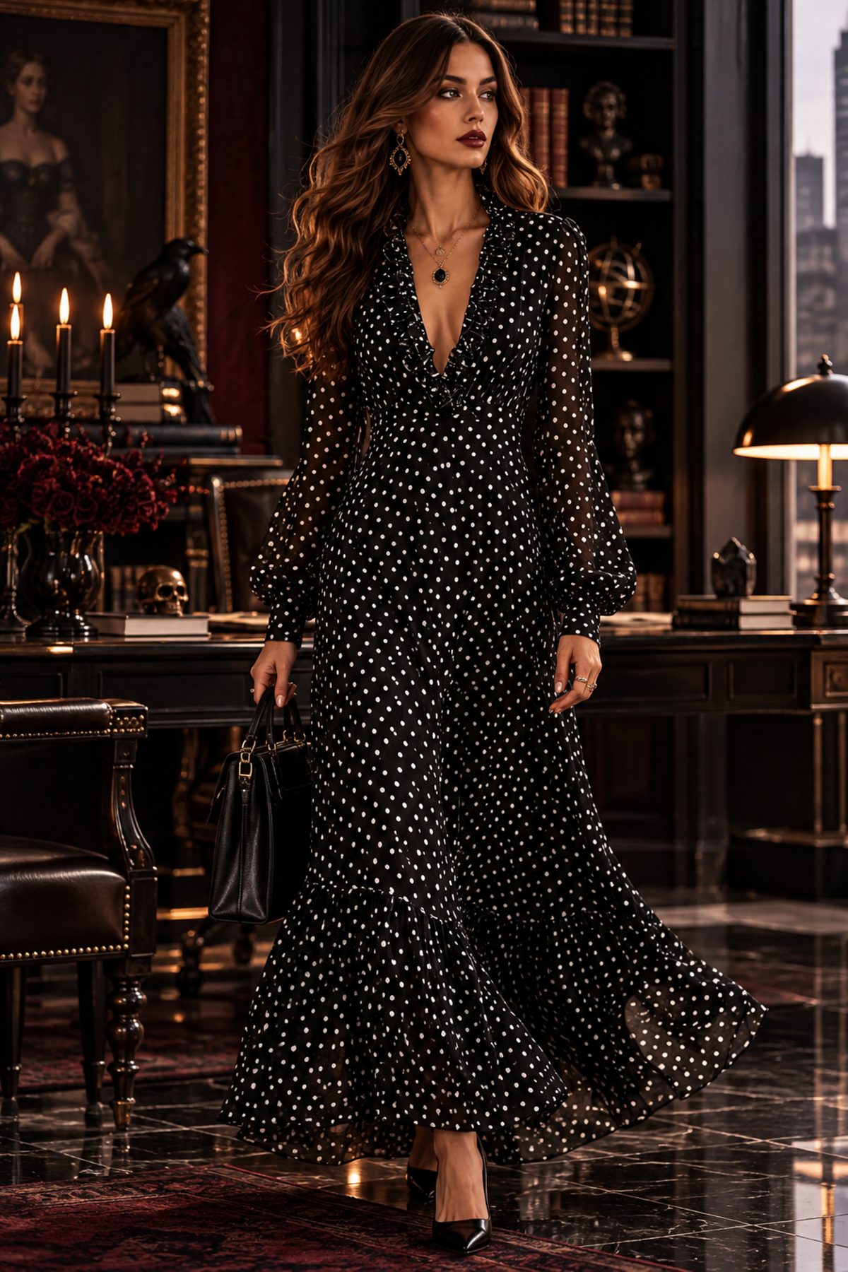 Polka-Dot Ruffle Maxi Dress with Puff Sleeves