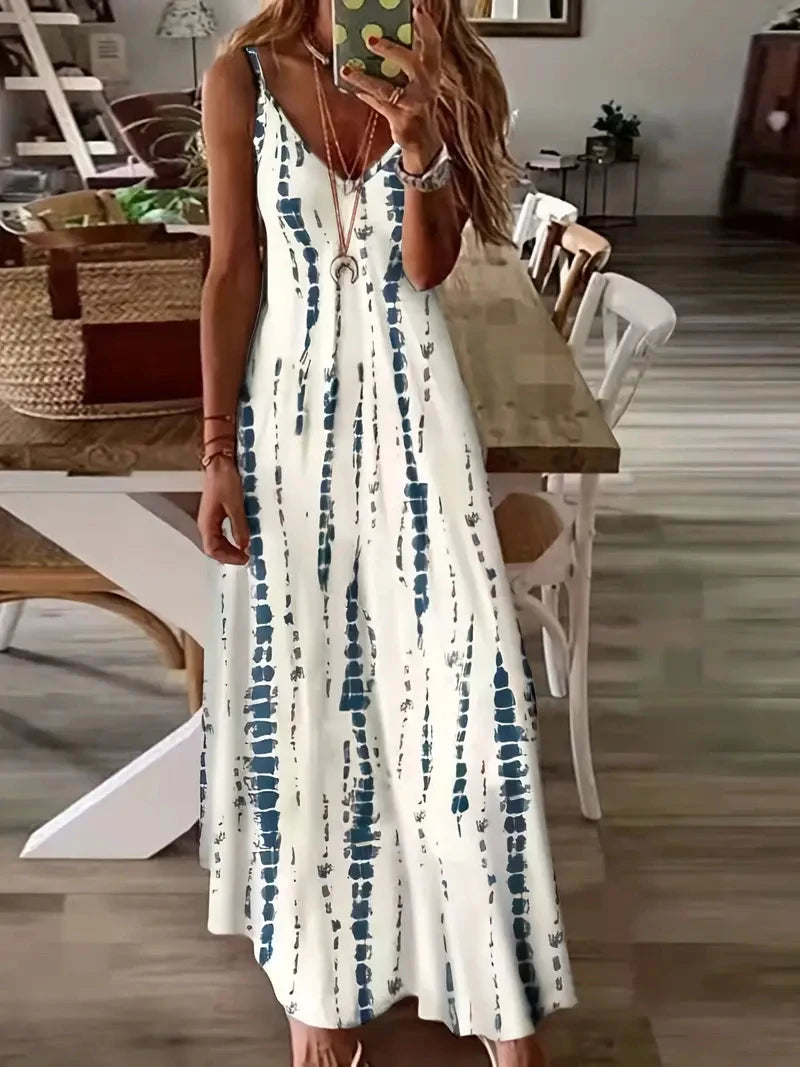 Boho Tie-Dye Maxi Dress – V-Neck Spaghetti Strap A-Line Summer Dress – 6 Colors