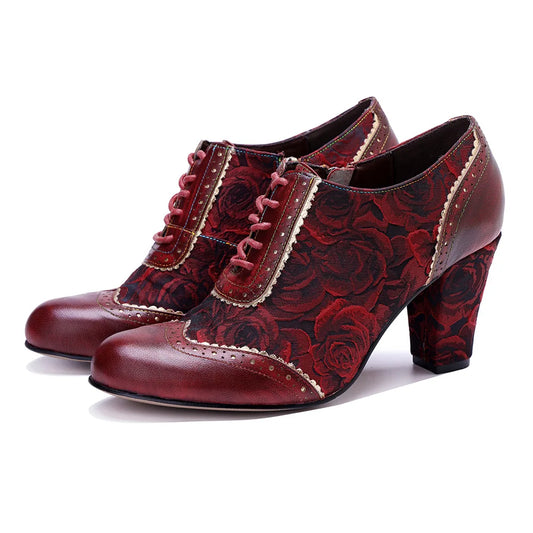 Johnature Witchy Women's Red Pumps, Handmade Genuine Leather Patchwork High Heels