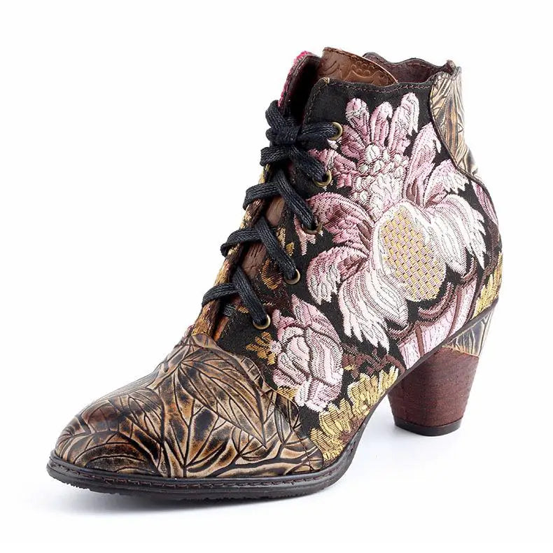 Johnature Genuine Leather Embroidery Cloth Boots, Hand-Embossed Round Toe Floral