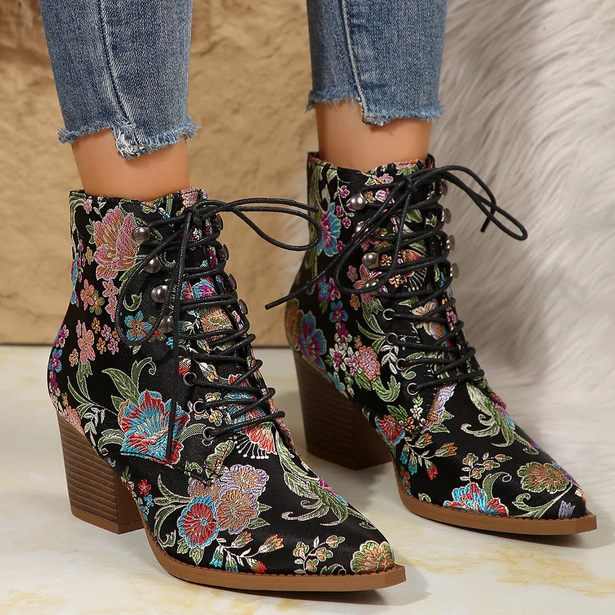 Ethnic Embroidered Pointed-Toe Ankle Boots