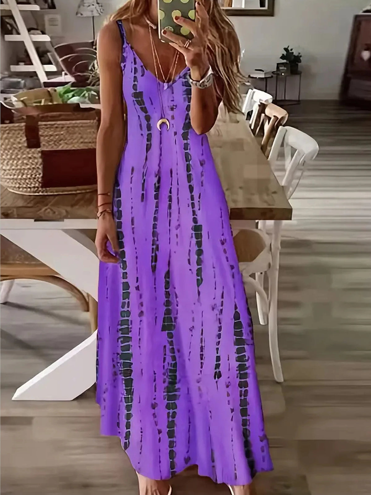 Boho Tie-Dye Maxi Dress – V-Neck Spaghetti Strap A-Line Summer Dress – 6 Colors