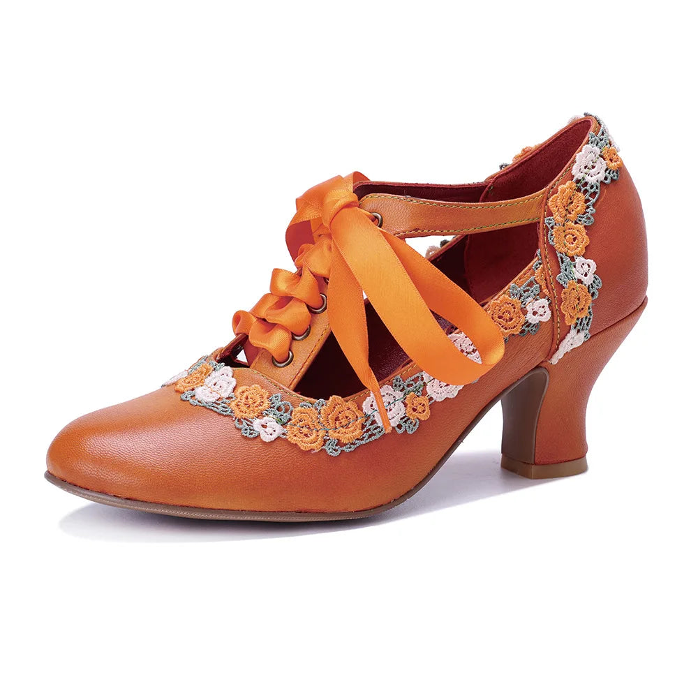 Johnature 2025 Spring/Summer New Handmade Women's Orange Pumps