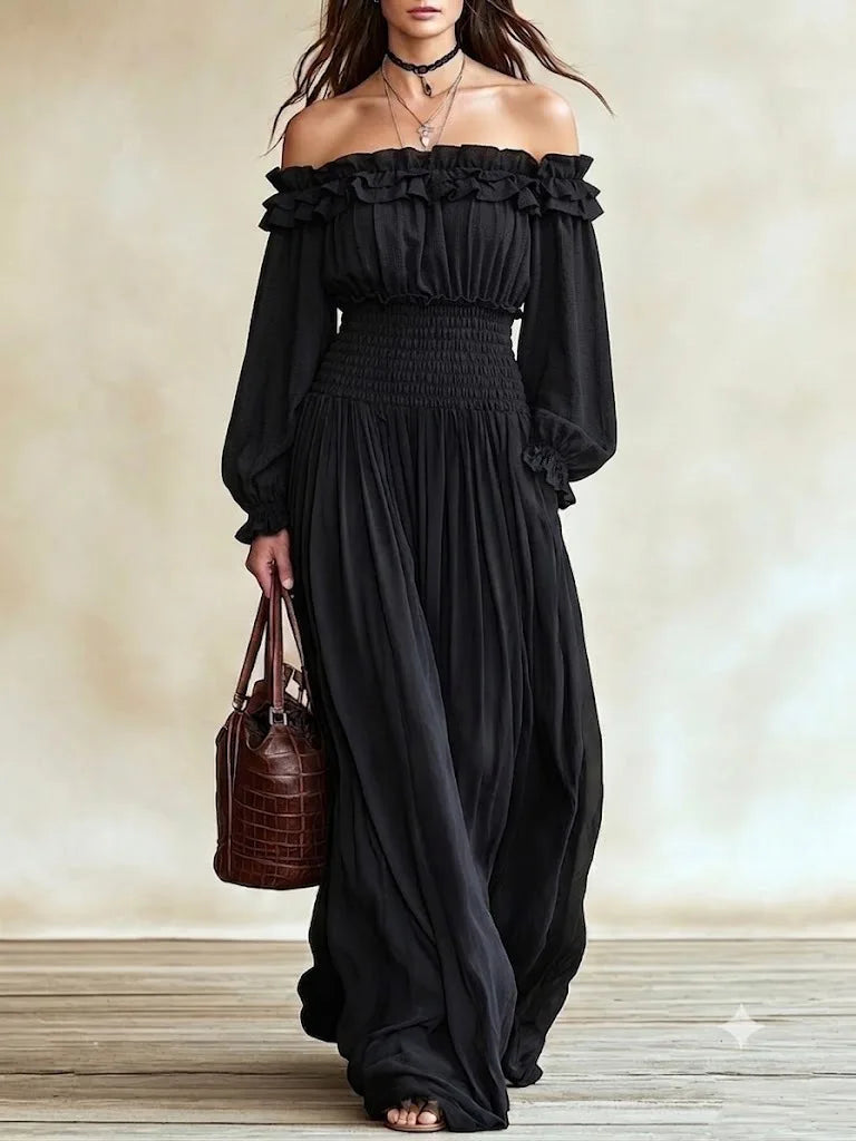 Off-Shoulder Ruffle Maxi Dress with Lantern Sleeves