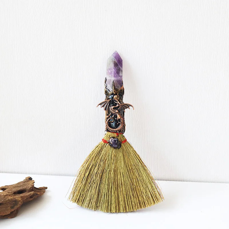Wiccan Mini Witch Broom with Natural Crystal Point